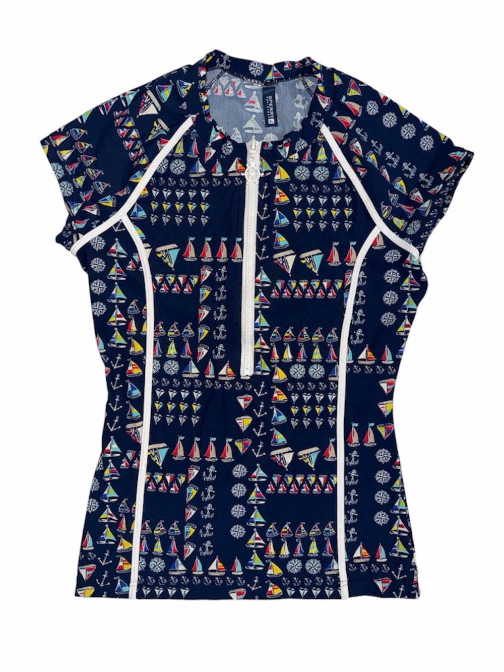 Like new Sperry Navy Sailboat-Print Rash Guard with White Trim S